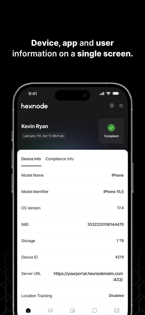 A screenshot of the Hexnode UEM app displaying device information and compliance status on an iPhone