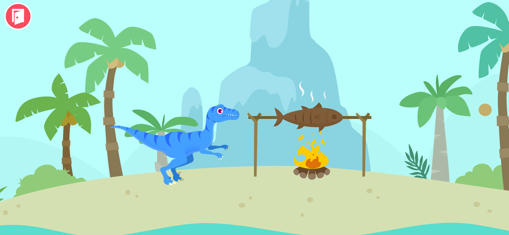 Ein blauer Dinosaurier beobachtet einen großen Fisch, der über einem Lagerfeuer an einem tropischen Strand mit Palmen brät.