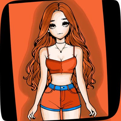 a realistic girl with long hair and in a crop top and shprts