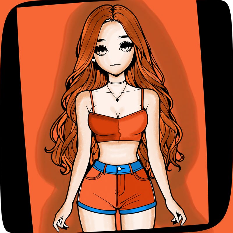 a realistic girl with long hair and in a crop top and shprts