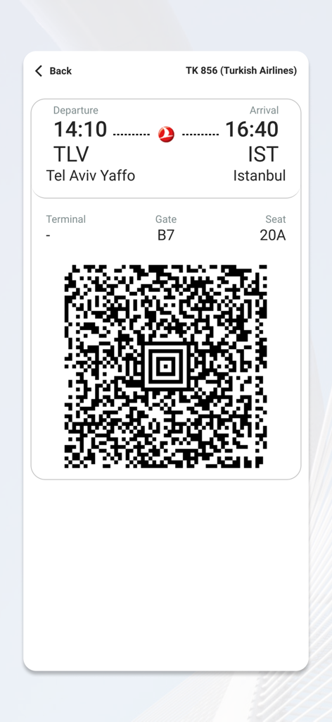 Atriis mobile - Digital boarding pass showing flight details for Turkish Airlines from Tel Aviv to Istanbul with a QR code and gate information