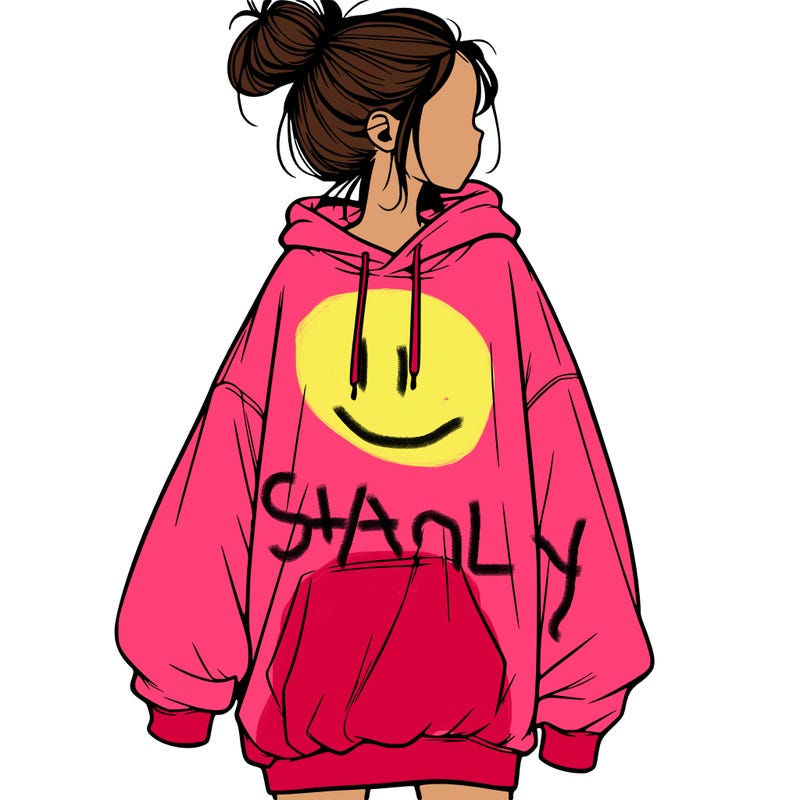 realistic girl with a oversized sweatshirt on and a bun