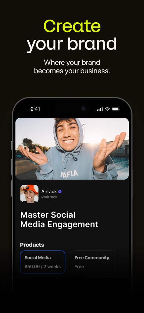 Whop - Interfaz de la aplicación Whop que muestra un perfil de creador de contenido con productos digitales para la participación en redes sociales y el acceso a la comunidad.