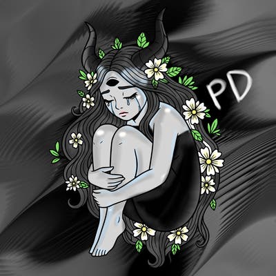 sad person with horns crying with eyes closed holding her knees 
flower in her hair
long hair 
no pupil in eye 
one eye on her forehead that is open but no pupil