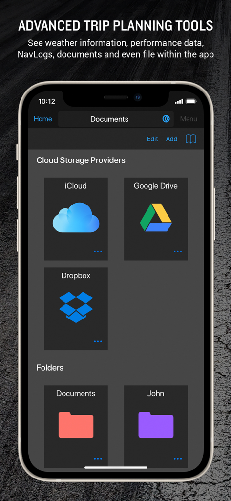 Aplicativo Garmin Pilot exibindo gerenciamento de documentos e integração de armazenamento em nuvem para pilotos.