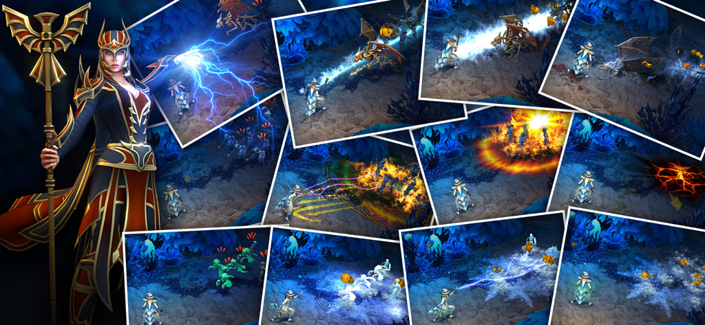 A collage of gameplay screenshots from the Eternium mobile action RPG showing combat and magic spells
