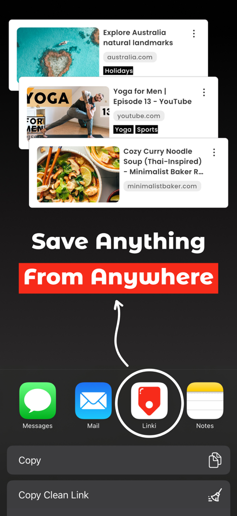 Linki: Save Links & Bookmarks - Linki app interface showing bookmarks for travel, yoga, and recipes with a call to action to save anything from anywhere.