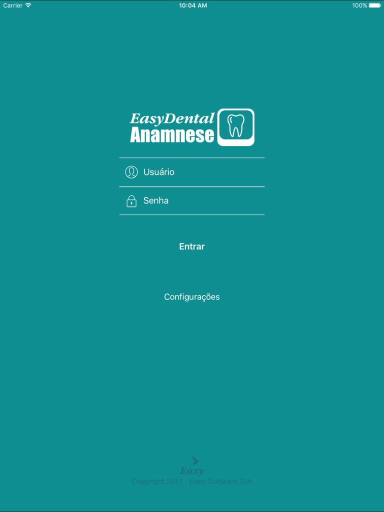 EasyDental Anamnese - Tela de login do aplicativo EasyDental Anamnese no iPad exibindo campos de nome de usuário e senha para profissionais de odontologia