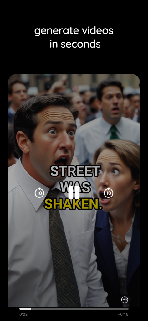 Interfaz de la aplicación Magic Shorts que muestra un video generado por IA con un texto superpuesto