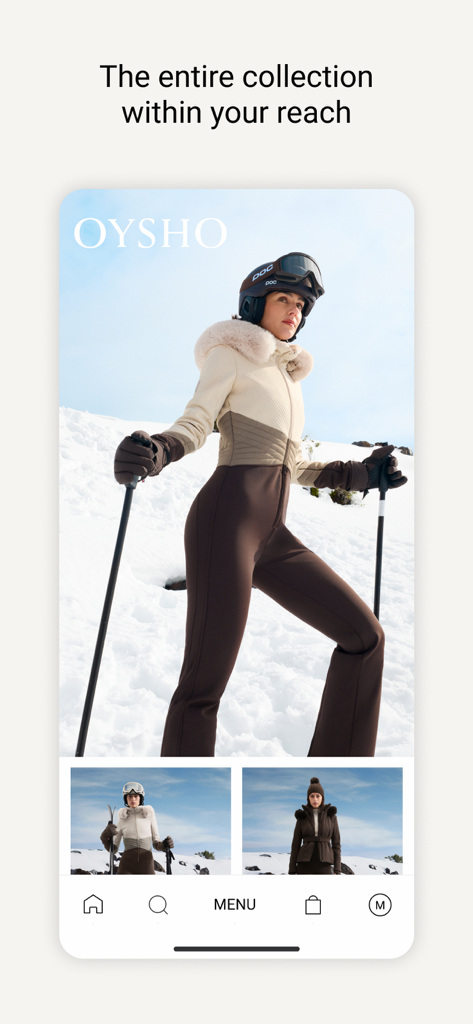 Interfaccia dell'app mobile OYSHO che mostra abbigliamento da sci elegante e abbigliamento tecnico invernale su uno sfondo innevato.