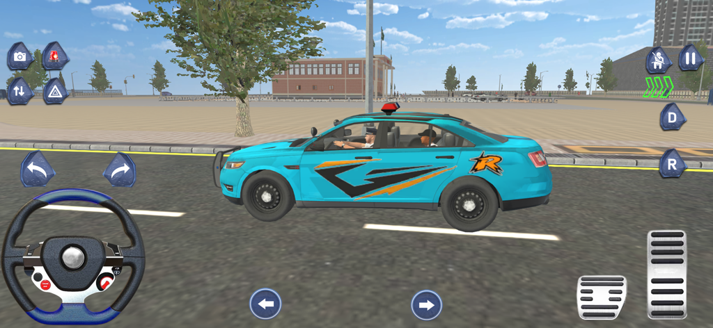 Police Car Driving Chase Games - Un coche de policía azul brillante con calcomanías aparcado en una calle de la ciudad en un juego de simulación para móviles.