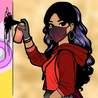 realistic girl with mask spray painting a wall