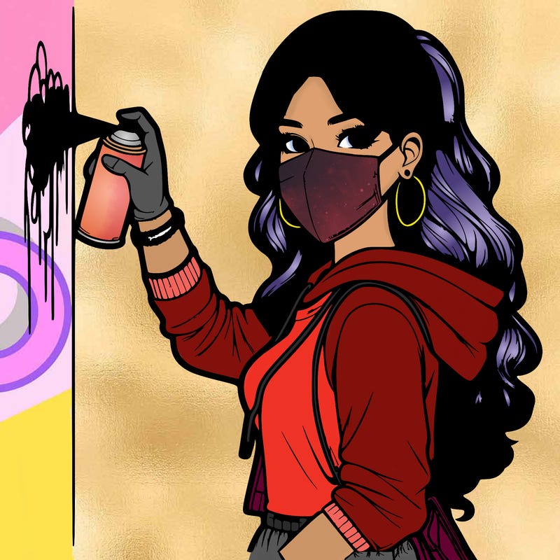 realistic girl with mask spray painting a wall