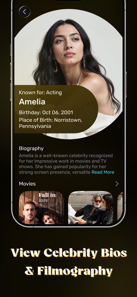 MovieBox Pro app screen displaying a celebrity biography and filmography.