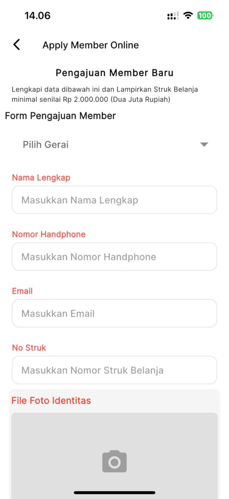New member application form in the Depo Bangunan mobile app