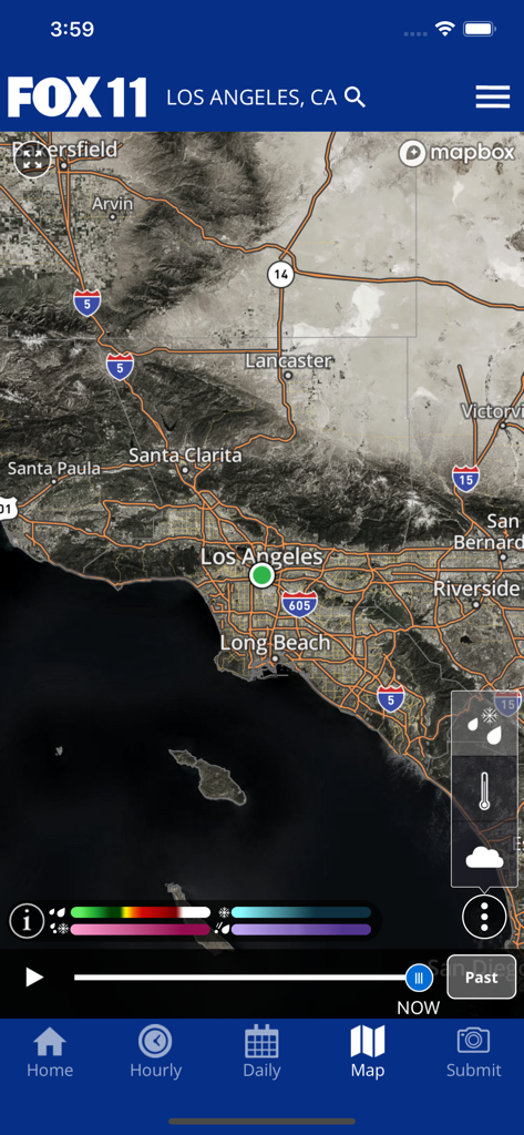 FOX 11 날씨 앱의 그레이터 로스앤젤레스 지역 인터랙티브 날씨 레이더 지도