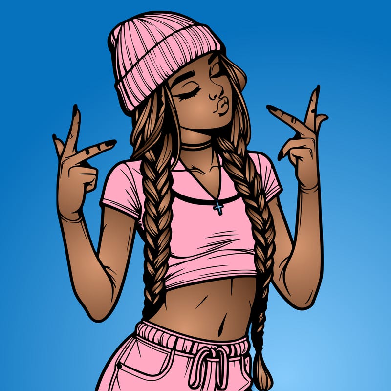 realistic teenage girl with braids and a beanie and crop top doing 🫶🏼