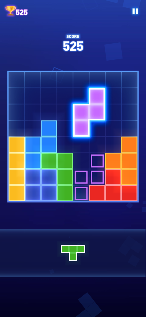 Block Puzzle - Brain Test Game - Colorful neon blocks on a grid in the Block Puzzle game interface