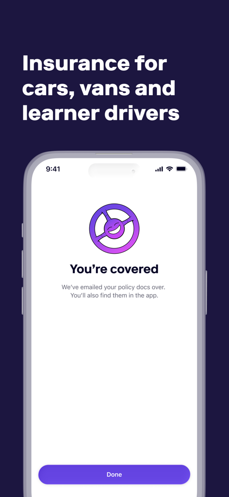 Cuvva - Ecrã da app Cuvva mostrando uma confirmação bem-sucedida de seguro automóvel com o texto 'Está coberto'.