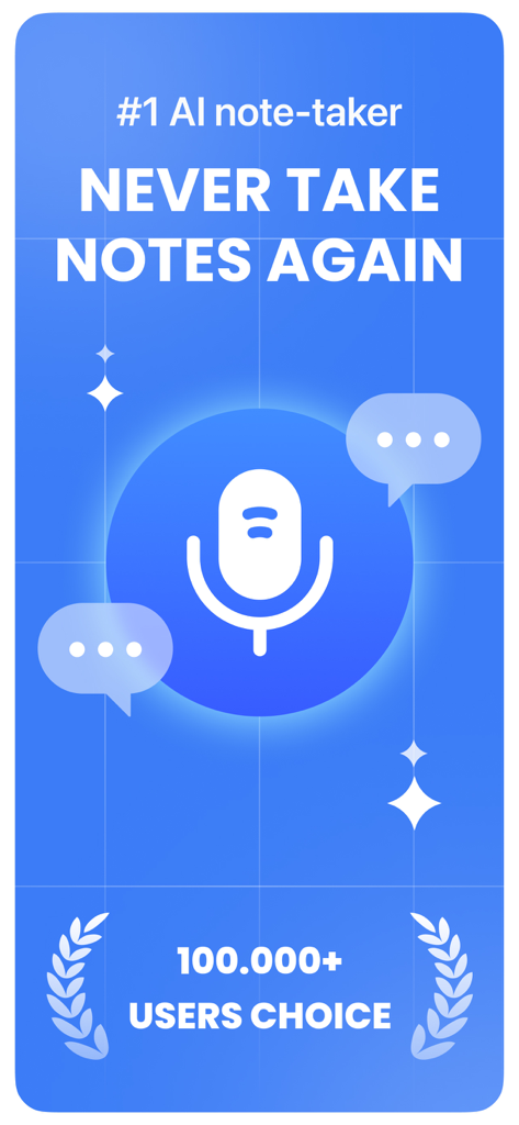 AI Note Taker & Voice Notes - Pantalla promocional de la aplicación AI Note Taker con un ícono de micrófono y el lema Nunca Vuelvas a Tomar Notas