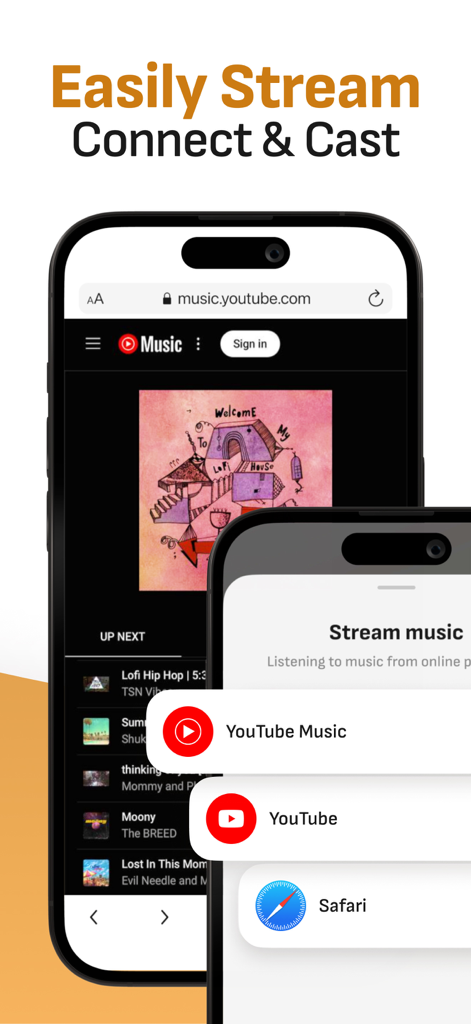 iPhone screenshot of the Sonos S1 S2 Speaker Controller app showcasing the music streaming and casting features from YouTube Music