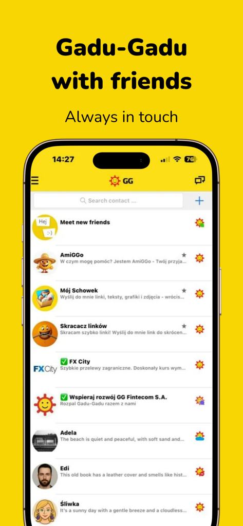 GG - GG instant messenger contact list screen on an iPhone showing various chat contacts and iconic sun icons