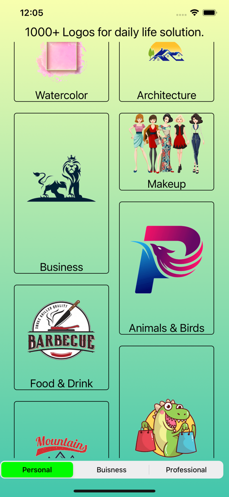 Logo Maker and Design Creator - Screenshot of the Logo Maker app showing a variety of design categories including Business, Makeup, and Architecture.
