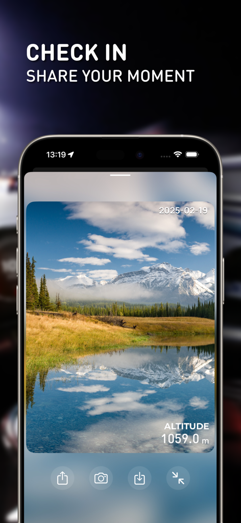 GPS Speedometer: HUD Odometer - Smartphone screen showing a scenic mountain landscape with an altitude overlay of 1059 meters for photo sharing