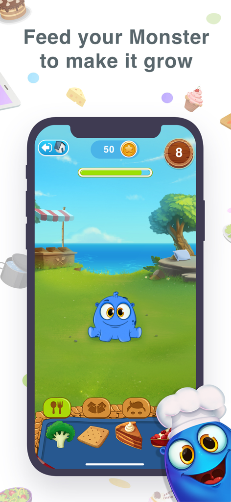 Foodabee: Virtual Pet for Kids - A blue monster pet Bee in a grassy field with food options in the Foodabee app.