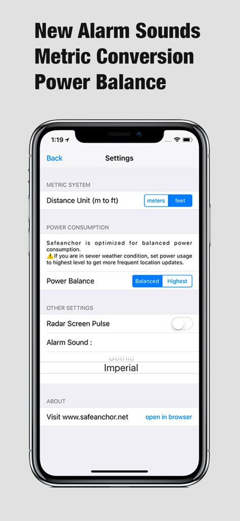 SafeAnchor.Net app settings menu showing metric conversion, power balance options, and alarm sound selection.
