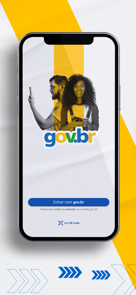 Login screen of the gov.br app on a smartphone featuring the official logo and a blue button to access or create an account.