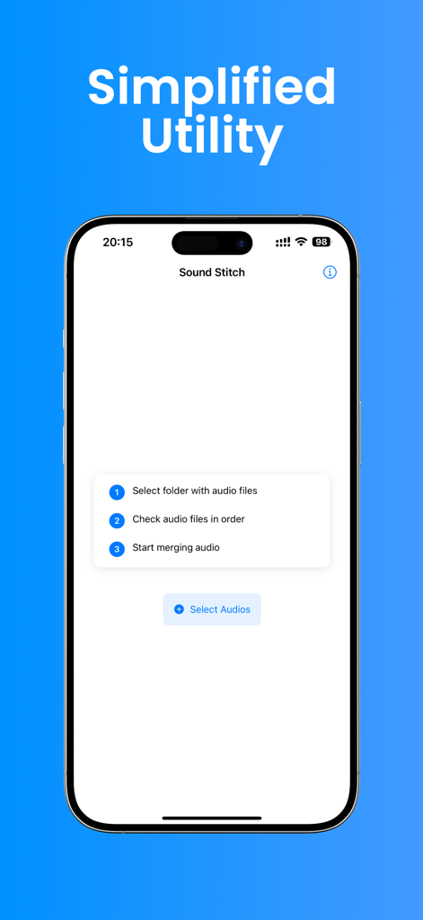 Sound Stitch app interface showing a simplified three step process to merge audio files
