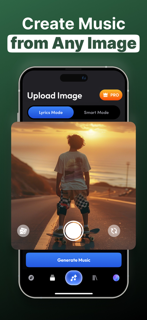 AI Song Generator - Zona - Interface of the Zona app showing the feature to create AI music from an uploaded photo