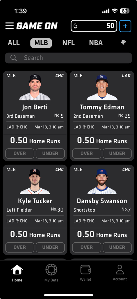 GameOn Fantasy - GameOn Fantasy app interface displaying MLB player home run over or under predictions for parlays