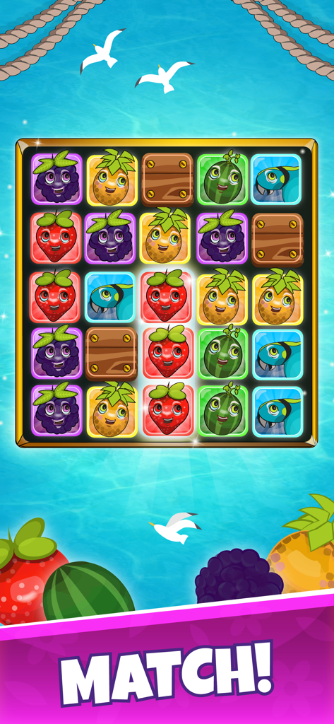 Match-three fruit puzzle mini-game on the Mini-Games Island in the Burraco app