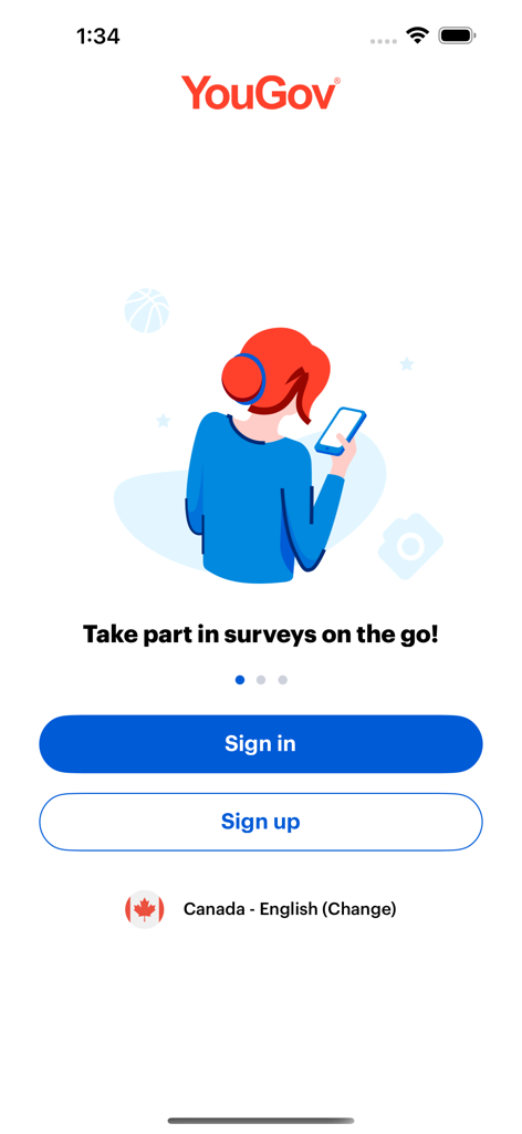 YouGov app welcome screen showing an illustration of a woman using her phone with the text Take part in surveys on the go