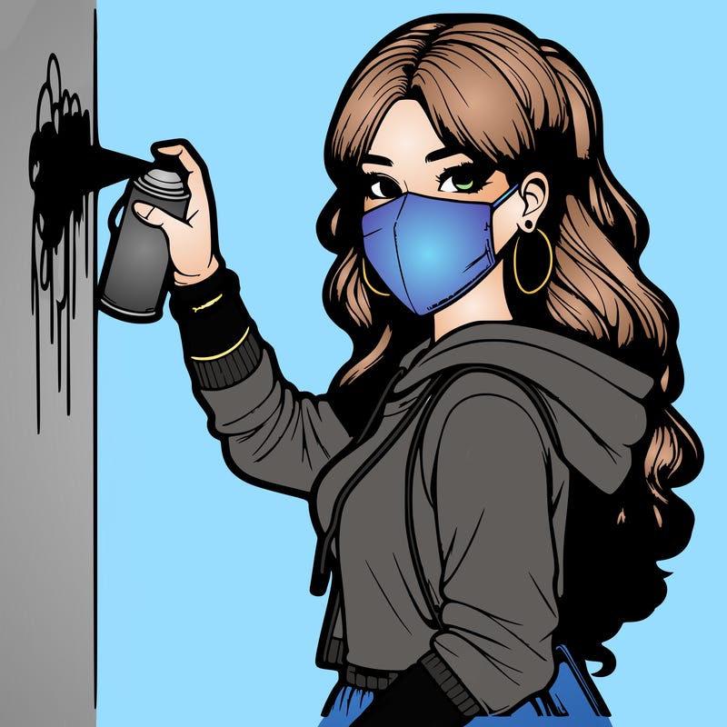 realistic girl with mask spray painting a wall