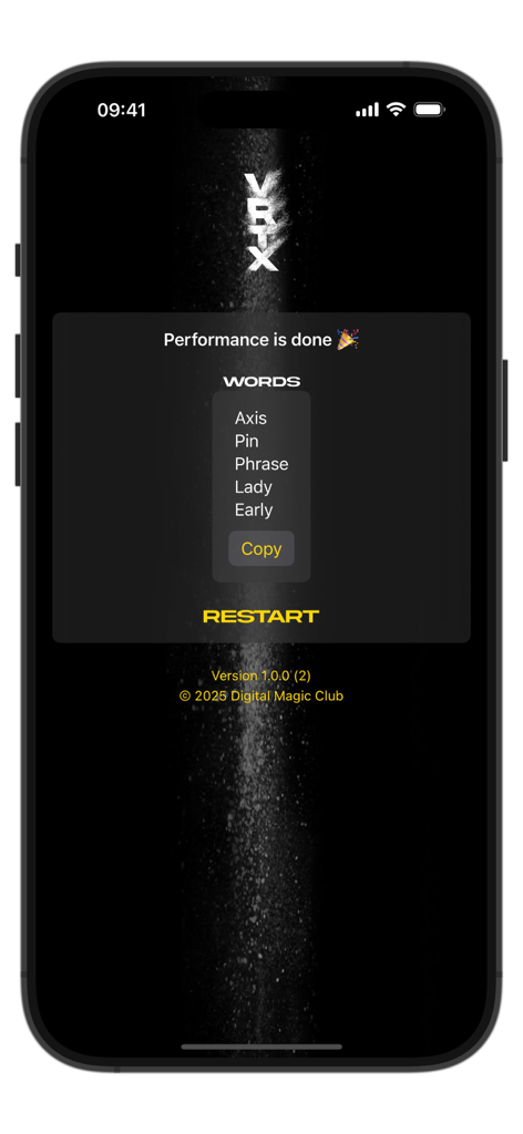 VRTX - Tela do aplicativo VRTX mostrando uma lista de acrósticos gerados após uma performance de mágica