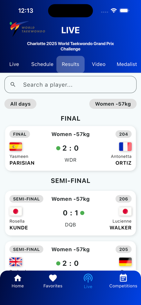Résultats de matchs de tournoi en direct pour les athlètes féminines dans l'application World Taekwondo.