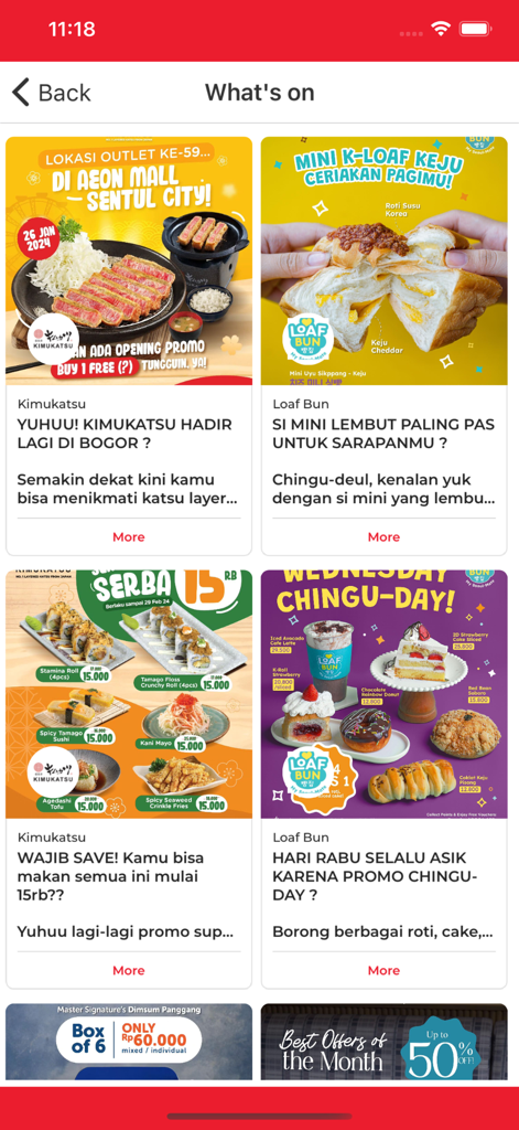 Écran 'Whats On' de l'application Boga affichant les promotions en cours et les offres de repas de diverses marques de restaurants.