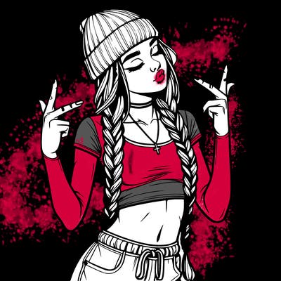 realistic teenage girl with braids and a beanie and crop top doing 🫶🏼