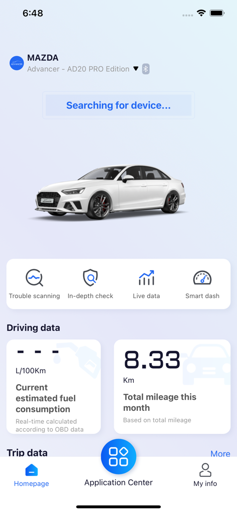 Advancer AD20 App Homepage mit Fahrzeugdiagnose, Live-Fahrdaten und Kraftstoffverbrauch für ein Mazda-Auto.