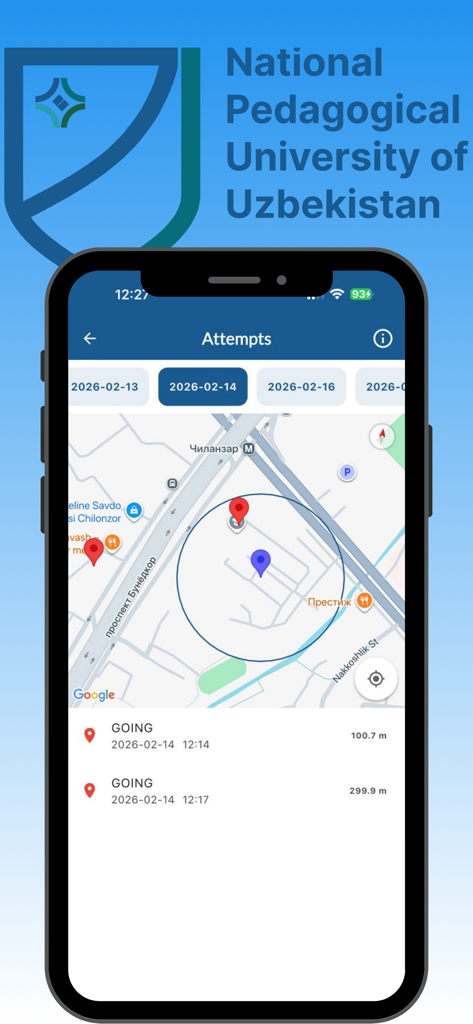 NPUU Internship - Pantalla de la aplicación NPUU Internship que muestra un mapa con pines de ubicación para el registro de asistencia del estudiante