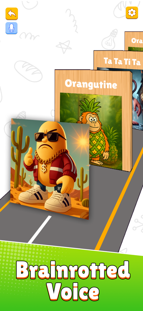 Brainrotted Soundmix & AR - Interfaz de la función Brainrotted Voice mostrando tarjetas de personajes como Orangutine y un frijol genial en una pista