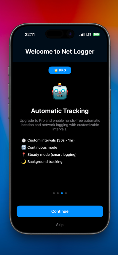 Net-Logger - Welcome screen of Net-Logger app highlighting Pro features like automatic tracking background logging and custom intervals