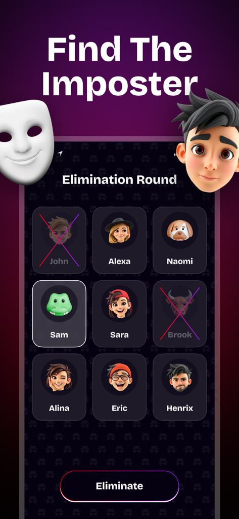 Mr White - Imposter Game: MASK - Pantalla de ronda de eliminación que muestra avatares de jugadores y un voto para encontrar al impostor en la aplicación móvil Mr White.