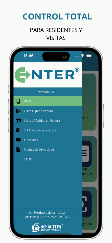 ENTER App - Menu de navegação lateral do ENTER App mostrando recursos para moradores da comunidade e acesso de visitantes