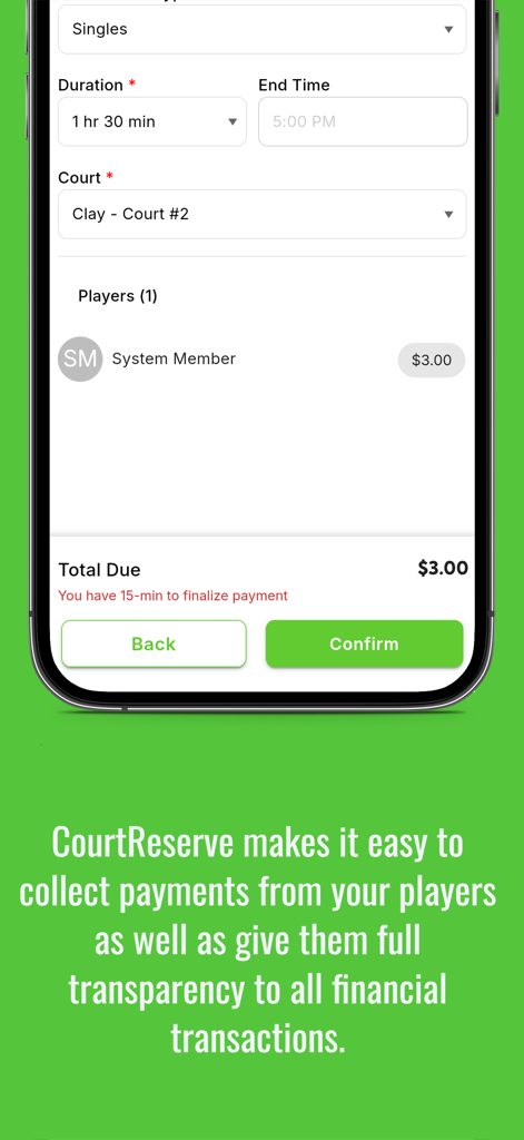 CourtReserve - A mobile screen from the CourtReserve app displaying court reservation details and payment confirmation for a player.