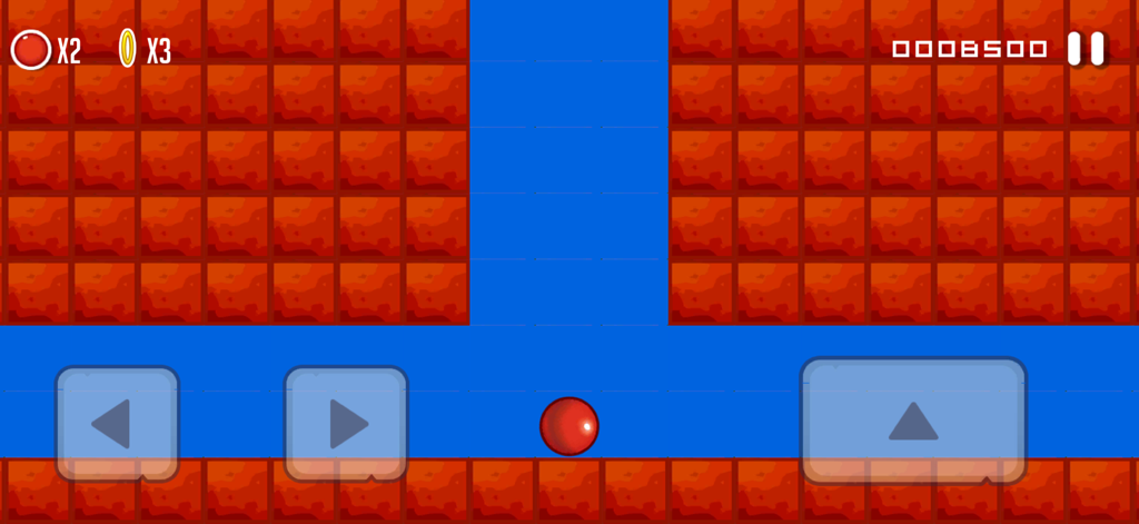 Klassisches 2D-Plattformer-Level mit einem roten Ball zwischen orangefarbenen Ziegelblöcken mit mobiler Touch-Steuerung