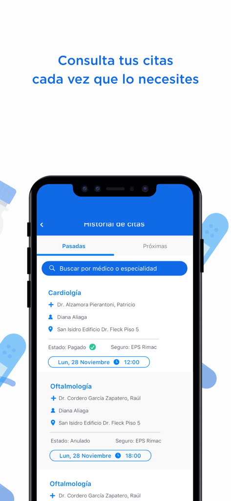 Clínica Anglo Americana - Mobile screen showing a list of past medical appointments including cardiology and ophthalmology details in the Clinica Anglo Americana app